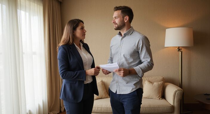 Ein Paar diskutiert ernsthaft in einer eleganten Hotelsuite.