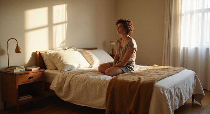 Ein gemütliches Schlafzimmer mit einem entspannten Menschen auf dem Bett.