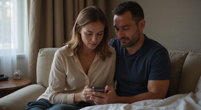 Ein Paar sitzt entspannt auf einem Sessel und betrachtet ein Smartphone.