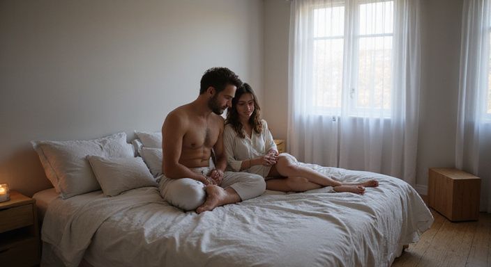 Ein Paar genießt eine intime, entspannte Momentaufnahme im Schlafzimmer.