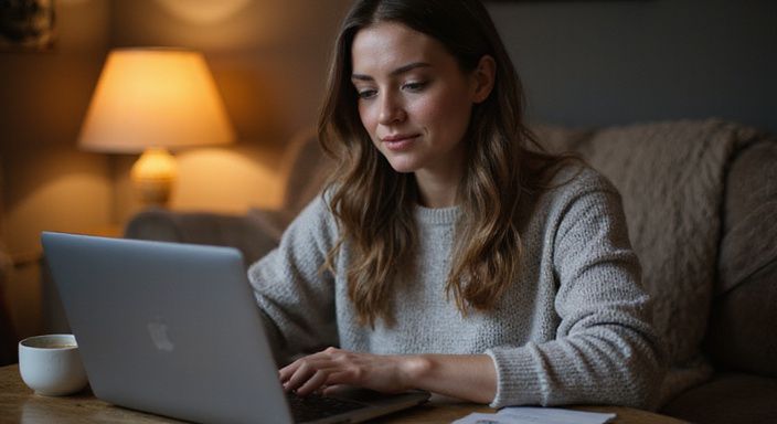 Eine nachdenkliche Frau sitzt mit einem Laptop in einem gemütlichen Raum und wollen erotisch kontakt und sextreffen in Tessin.