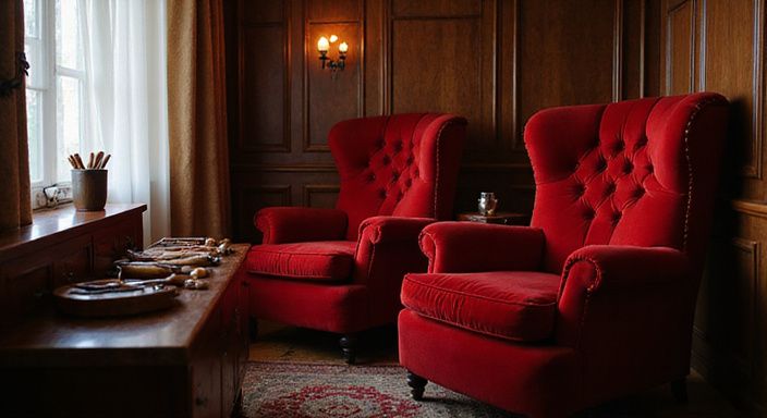 Intimes Clubinterieur mit rotem Samt und eleganten Massagetools.