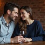 Ein Paar sitzt eng beieinander an einem Tisch in einem Restaurant