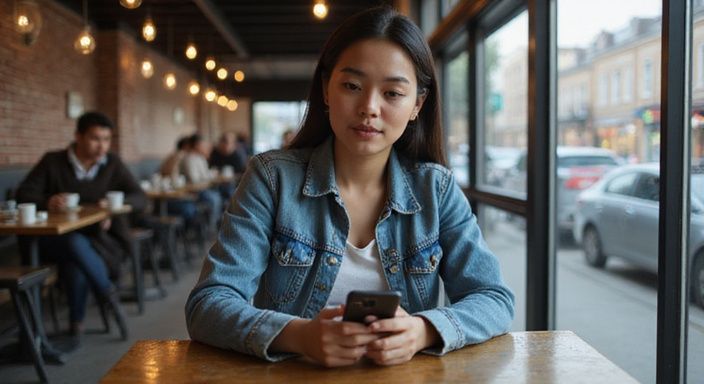 Eine konzentrierte junge Frau nutzt ihr Smartphone in einem Café und suche Erotisch Kontakt und Sextreffen in Thurgau.