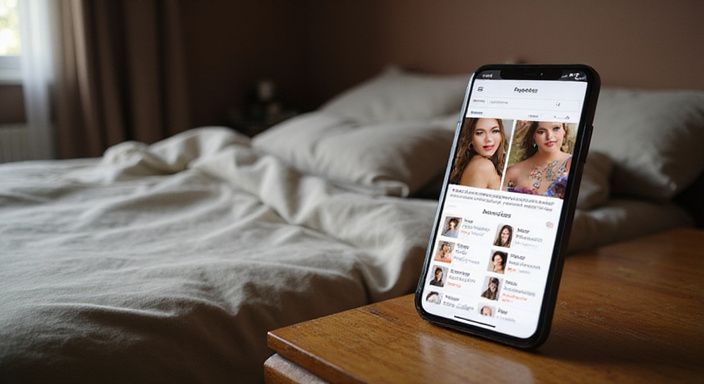 Ein digitales Gerät zeigt Website-Profile von Escort-Damen.
