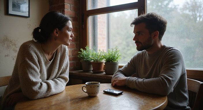 Ein Paar genießt eine intime Unterhaltung in einem gemütlichen Café.