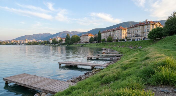 Eine friedliche Seenlandschaft mit Hügeln und eleganten Hotels.
