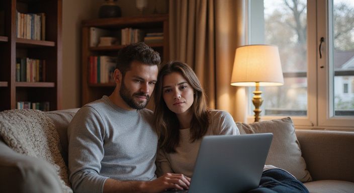 Ein Paar sitzt konzentriert auf einem Sofa mit einem Laptop und suche erotisch kontakt und sextreffen in Waadt.