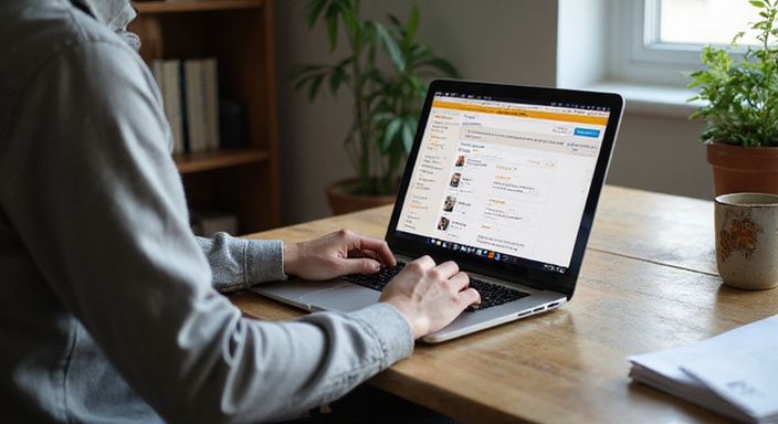 Eine Person surfend auf einem Laptop in einem häuslichen Büro.