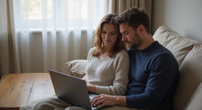 Ein Paar sitzt entspannt auf dem Sofa und nutzt einen Laptop.