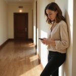 Eine junge Frau entspannt sich im Hotelgang mit ihrem Handy