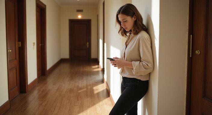 Eine junge Frau entspannt sich im Hotelgang mit ihrem Handy. Eine junge Frau entspannt sich im Hotelgang mit ihrem Handy und suche Erotisch Kontakt und Sextreffen in Wallis.