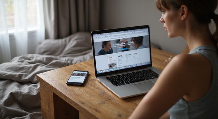 Eine Person sitzt nachdenklich vor einem Laptop in einem Schlafzimmer. Eine Person sitzt nachdenklich vor einem Laptop in einem Schlafzimmer.