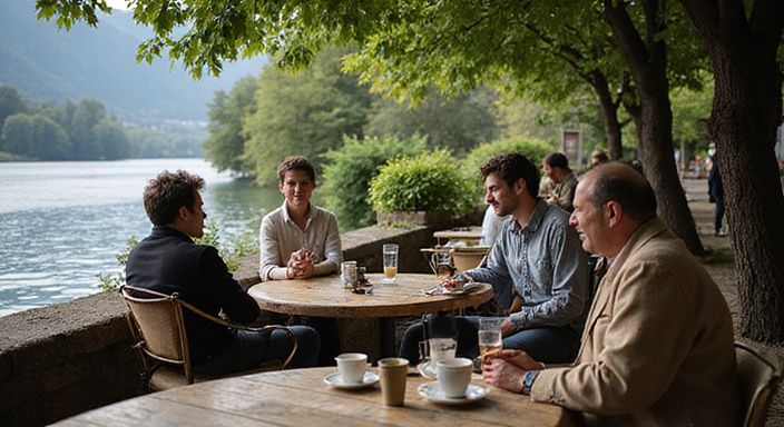 Ein ruhiges Café am Fluss mit einladenden Tischen und Pflanzen. Ein ruhiges Café am Fluss mit einladenden Tischen und Pflanzen.