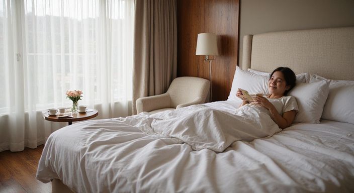 Eine elegante Boutique-Hotelzimmer mit einem einladenden Bett und frischen Rosen. Eine elegante Boutique-Hotelzimmer mit einem einladenden Bett und frischen Rosen.