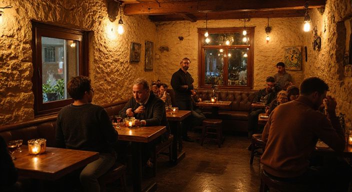 Eine gemütliche Bar in einer alten Stadt mit entspannten Gästen. Eine gemütliche Bar in einer alten Stadt mit entspannten Gästen.