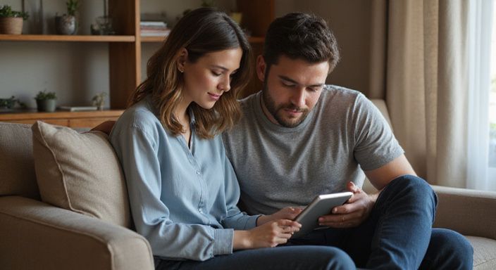Ein Paar sitzt zusammen auf einem Sofa und betrachtet ein Tablet. Ein Paar sitzt zusammen auf einem Sofa und betrachtet ein Tablet und wollen Erotisch Kontakt und Sextreffen in Wallis.