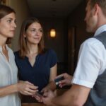 Eine Hotelrezeption mit einem Empfangsdesk und Gästen