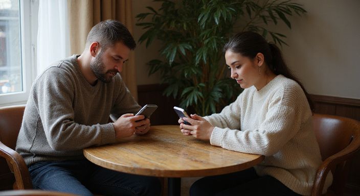 Zwei Personen in einem Café, fokussiert auf ihre Smartphones und suche Flirt Kontakt und Sextreffen in Genf.