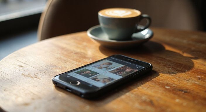 Ein Smartphone zeigt die Tinder-App auf einem rustikalen Holztisch. Ein Smartphone zeigt die Tinder-App auf einem rustikalen Holztisch.
