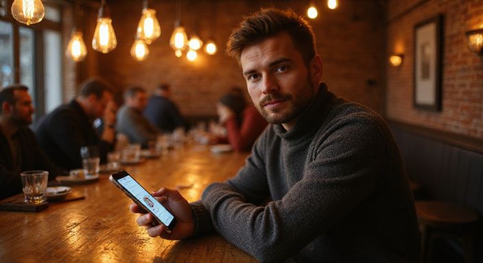 Ein Mann sitzt an einer Bar und nutzt eine Dating-App. Ein Mann sitzt an einer Bar und nutzt eine Dating-App für Flirt Kontakt und Sextreffen in Genf.