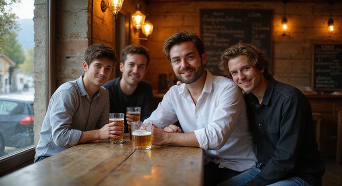Junge Menschen genießen Geselligkeit an einem rustikalen Bartresen. Junge Menschen genießen Geselligkeit an einem rustikalen Bartresen.