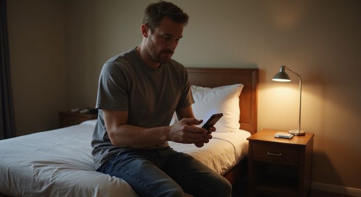 Ein Mann sitzt auf dem Bett und schaut auf sein Smartphone. Ein Mann sitzt auf dem Bett und suche auf sein Smartphone nach Flirt Kontakt und Sextreffen in Genf.
