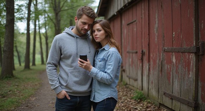 Ein Paar steht entspannt in einem Wald neben einer alten Scheune.
