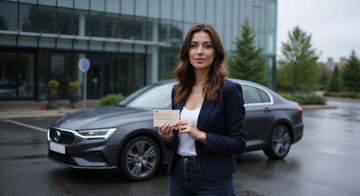 Eine selbstsichere Frau präsentiert ihre Visitenkarte neben einem Luxusauto.