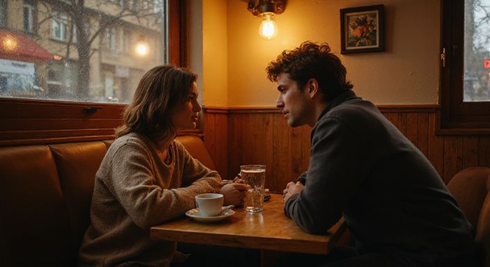 Zwei Frauen führen ein nachdenkliches Gespräch über sexkontakt in Brandenburg in einem belebten Café.