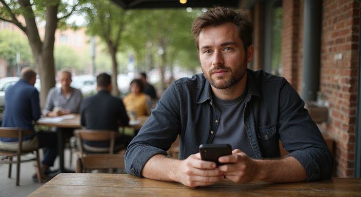 Ein Mann sitzt nachdenklich an einem kleinen Café-Tisch.