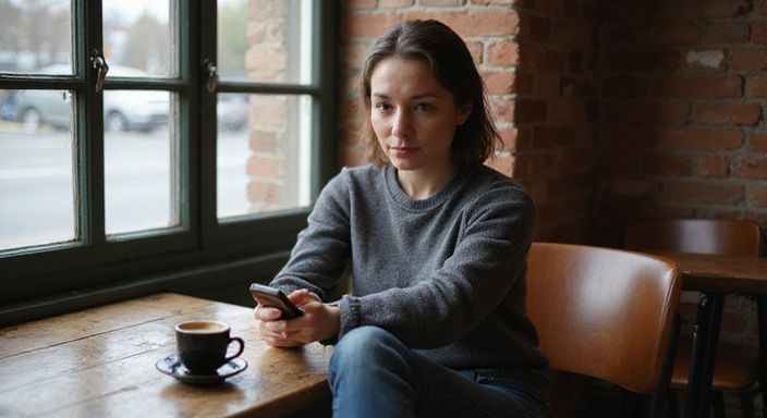Eine Frau in einem Café scrollt konzentriert durch ihr Handy und wollen sexkontakt in Brandenburg.
