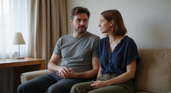 Ein Paar diskutiert vertraulich über Online-Dating-Websites in einem Hotelzimmer.