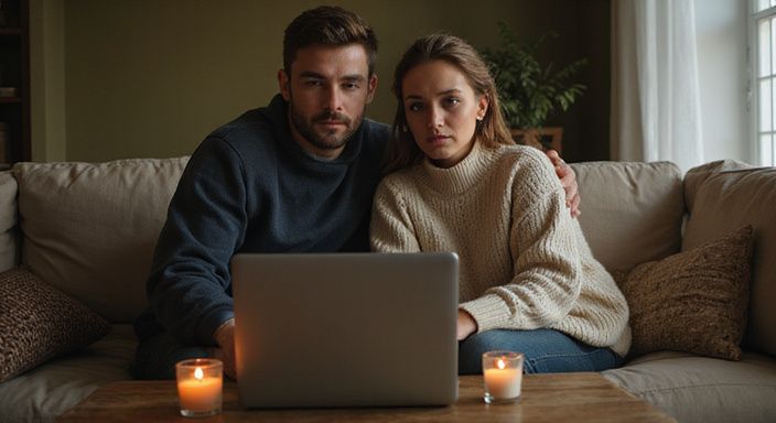 Ein Paar sitzt entspannt auf einem Sofa und schaut auf einen Laptop.