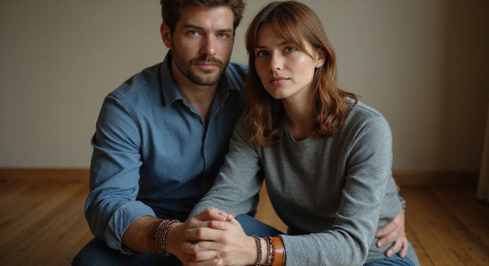 Ein Paar sitzt eng beieinander in einem gemütlichen Raum