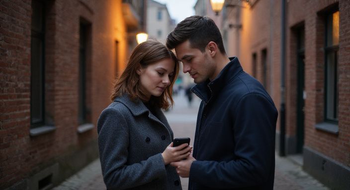 Paar in schmaler Gasse, mit Smartphone in inniger Zweisamkeit.