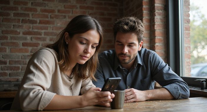 Ein Paar studiert gemeinsam ein Smartphone in einem Café und suche sexkontakt in Bremen.
