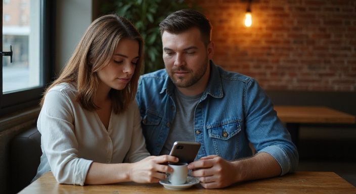 Ein Paar plant leise ihr nächstes Treffen in einem Café.