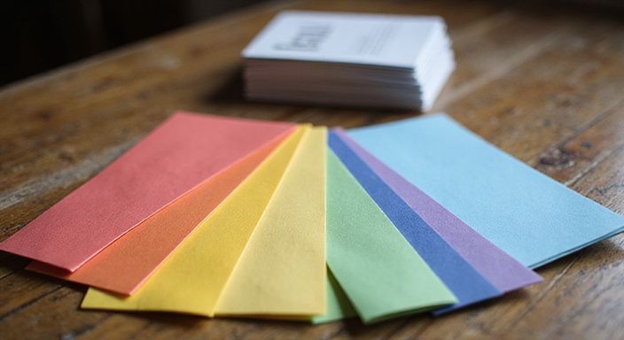 Bunte Broschüren auf einem abgenutzten Holztisch mit Informationen zur LGBTQ+.