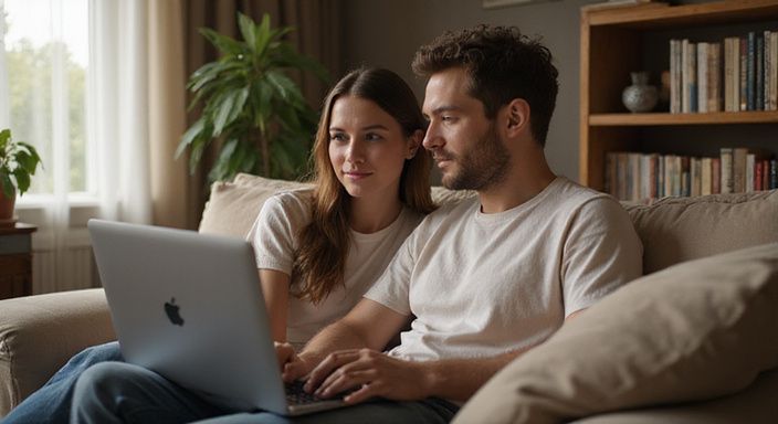 Ein junges Paar sitzt entspannt auf einem Sofa und nutzt einen Laptop.