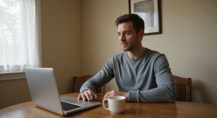 Eine Person arbeitet konzentriert an ihrem Laptop an einem Esstisch. Eine Person suche auf ihrem Laptop nach sexkontakt in Burgenland.