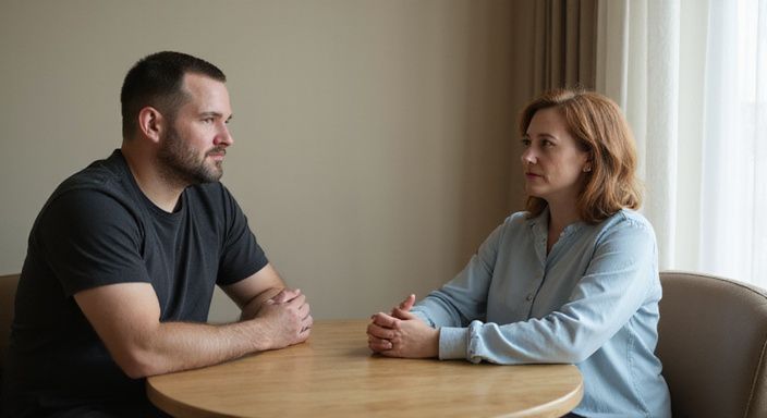 Zwei Erwachsene führen ein engagiertes Gespräch in minimalistischem Raum. Zwei Erwachsene führen ein engagiertes Gespräch in minimalistischem Raum.