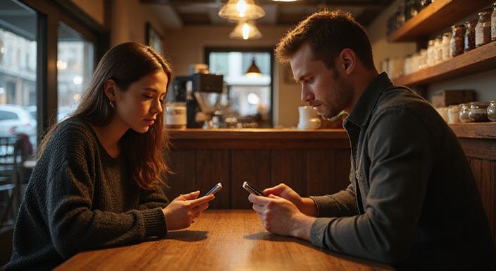 Ein Paar sitzt in einem Café und schaut auf ihre Smartphones. Ein Paar sitzt in einem Café und schaut auf ihre Smartphones.