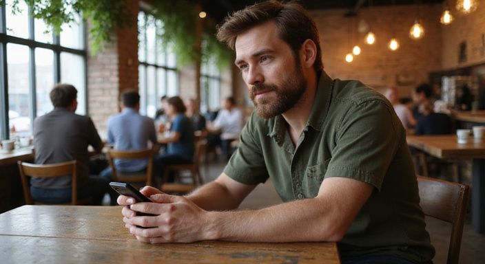 Ein Mann konzentriert sich am Tisch in einem belebten Café. Ein Mann konzentriert sich am Tisch in einem belebten Café und suche sexkontakt in Burgenland.