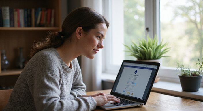 Eine konzentrierte Frau überprüft sorgfältig Reiseprofile am Laptop. Eine konzentrierte Frau überprüft sorgfältig Reiseprofile am Laptop.