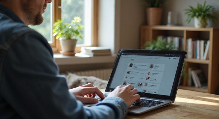 Eine Person sitzt am Laptop in einem gemütlichen Raum. Eine Person sitzt am Laptop in einem gemütlichen Raum.