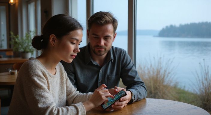 Ein junges Paar betrachtet gemeinsam Inhalte auf einem Smartphone in einem Café. Ein junges Paar betrachtet gemeinsam Inhalte auf einem Smartphone in einem Café.