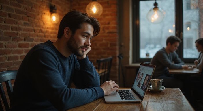 Eine Person in einem Café betrachtet aufmerksam eine Dating-Website. Eine Person in einem Café betrachtet aufmerksam eine Dating-Website für sexkontakt in Burgenland.