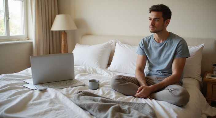 Eine Person entspannt sich mit einem Laptop im Bett. Eine Person entspannt sich mit einem Laptop im Bett.