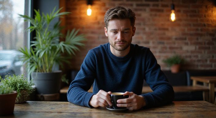 Ein nachdenklicher Mann sitzt in einem Café mit Kaffee. Ein nachdenklicher Mann sitzt in einem Café mit Kaffee und wollen sexkontakt in Burgenland.
